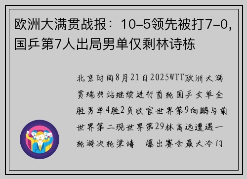 欧洲大满贯战报：10-5领先被打7-0，国乒第7人出局男单仅剩林诗栋